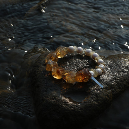 Freshwater Pearl & Brazilian Citrine Crystal Bracelet with Sterling Silver Charm