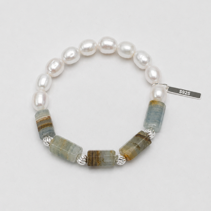 Freshwater Pearl & Blue Lace Natural Crystal Bracelet with Sterling Silver Accents
