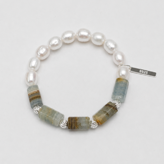 Freshwater Pearl & Blue Lace Natural Crystal Bracelet with Sterling Silver Accents