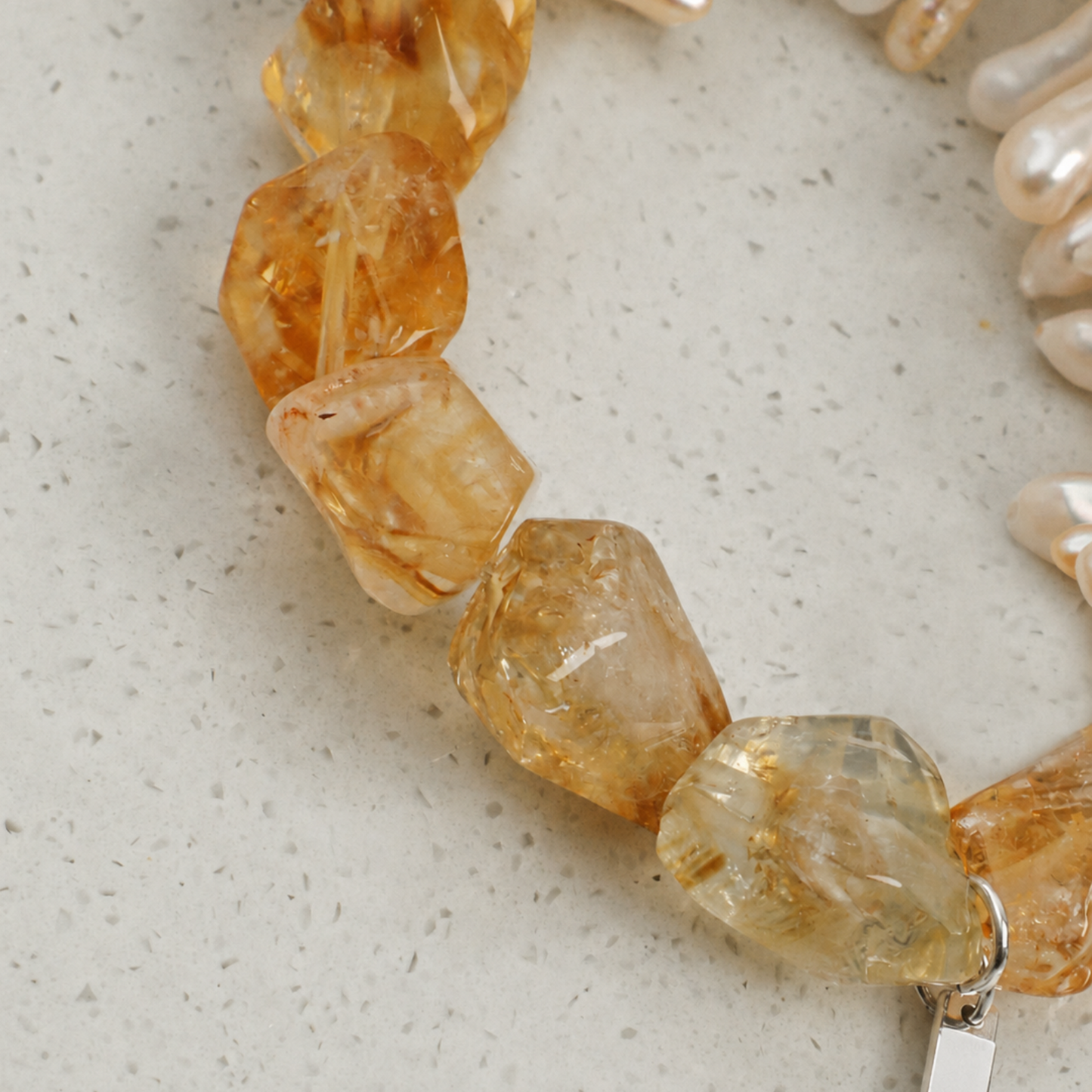 Natural Yellow Crystal & Baroque Stick Pearl Bracelet with Sterling Silver Charm