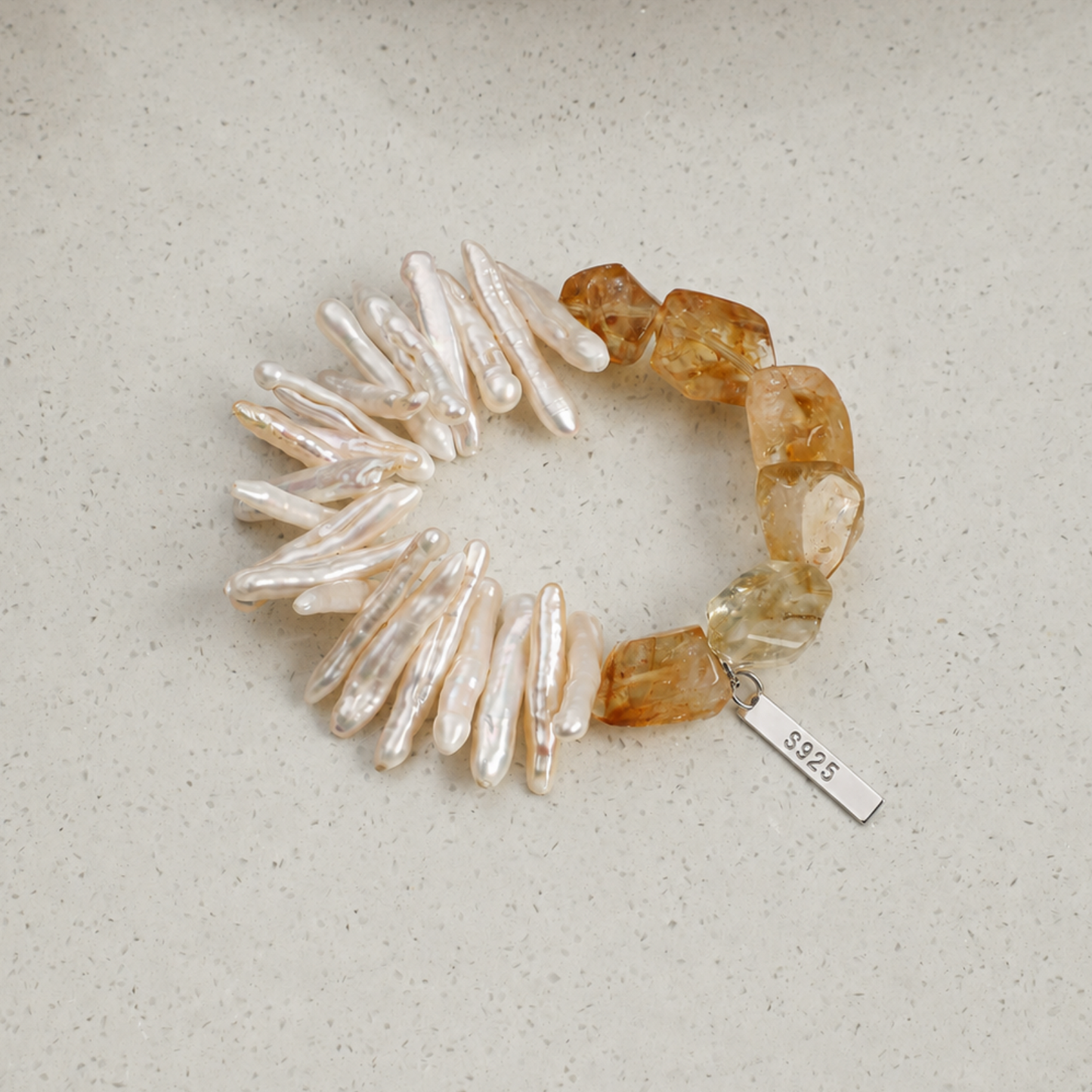Natural Yellow Crystal & Baroque Stick Pearl Bracelet with Sterling Silver Charm