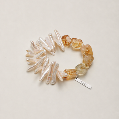 Natural Yellow Crystal & Baroque Stick Pearl Bracelet with Sterling Silver Charm