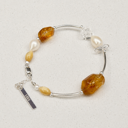 Brazilian Yellow Crystal & Clear Quartz Bracelet with Freshwater Pearl and S925 Silver