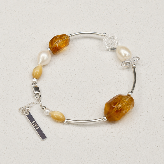 Brazilian Yellow Crystal & Clear Quartz Bracelet with Freshwater Pearl and S925 Silver