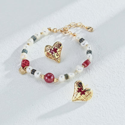 Cinnabar Moss Agate Pearl Bracelet, S925 Sterling Silver Vintage Gold Beaded Bracelet