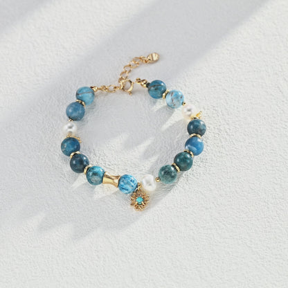 Azurite Turquoise Pearl Bracelet, S925 Sterling Silver Vintage Gold Beaded Bracelet