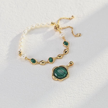 Natural Pearl Malachite Bracelet, S925 Sterling Silver Vintage Gold Adjustable Bracelet