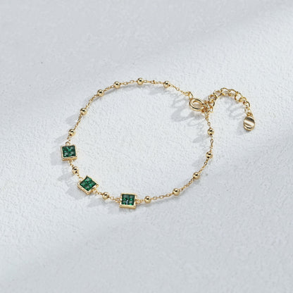 Green Cubic Zirconia Bracelet, S925 Sterling Silver Vintage Gold Station Bracelet